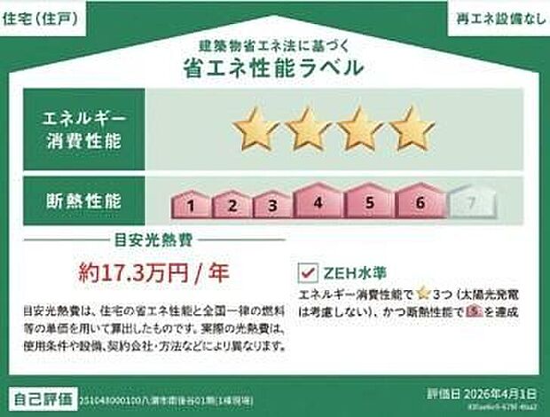 【【省エネ性能ラベル】】こちらの物件はZEH水準を満たした、省エネ性能に優れた物件です。　光熱費を抑えて暮らすことができるだけでなく、「熱の入りにくさ・逃げにくさ」という観点でも影響を受けにくい建物のため、長く快適にお過ごしいただけます♪