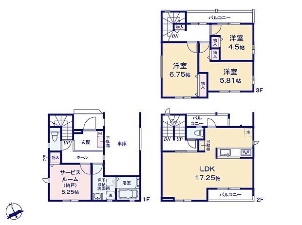 【3LDK+S】道路からのプライバシーを確保しやすい「2階リビング」を採用♪広々17.25帖のLDK!対面キッチンからはLDK全体を見渡せます♪バルコニーが3面あるので、大量のお洗濯物も布団干しも楽々です♪