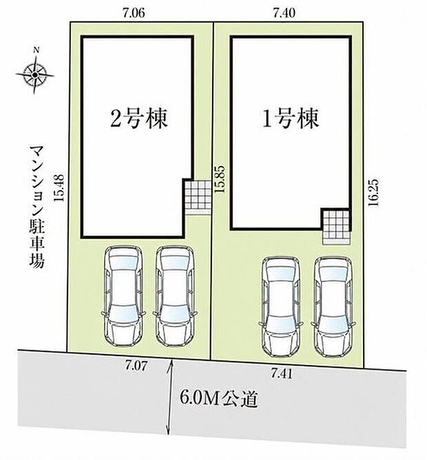 【 全体区画図】カースペース並列駐車2台♪
陽当りの良い道路に面したお住まい。道路幅も広めで、開放感たっぷり♪お車の出し入れも楽々です♪