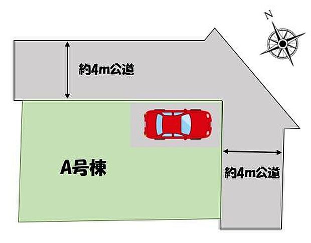 【全体区画図】カースペース1台♪
陽当たり・風通し共に良好な角地♪
人目に付きやすいため、家を開けることが多い家族にとって防犯対策にも有効です♪