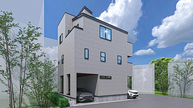 【完成予想図(外観)】住まう人に寄り添う洗練された外観がお出迎え。
※掲載の完成予想図は図面を基に描き起こしたもので、実際とは多少異なる場合がございます。