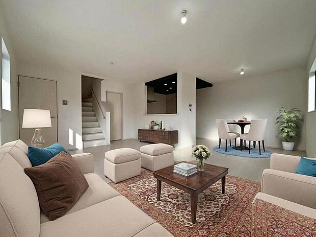 陽光ふりそそぐ明るい18.9帖のリビング。
対面式キッチンは、家事をしながら家族の様子が一目でわかる安心&便利設備♪
※家具をCGで加工しています。家具付き販売ではございません。