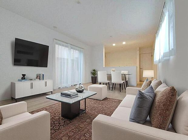 陽光ふりそそぐ明るい約16帖のリビング。
対面式キッチンは、家事をしながら家族の様子が一目でわかる安心&便利設備♪
※家具をCGで加工しています。家具付き販売ではございません。