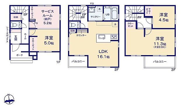 (1号棟)、価格3499万円、3LDK+S、土地面積91.41m2、建物面積107.75m2