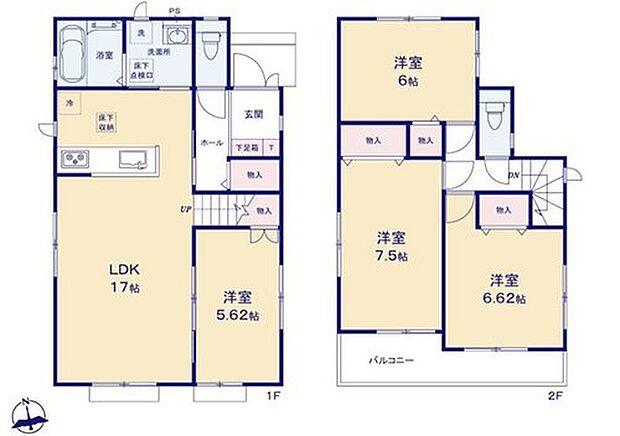 【4LDK】対面式キッチン仕様の明るい17帖のリビング♪
1階廊下に広々とした便利な収納スペース付き♪
各居室に収納スペースが充実♪
2部屋から出入りできて便利な南向きのバルコニー♪