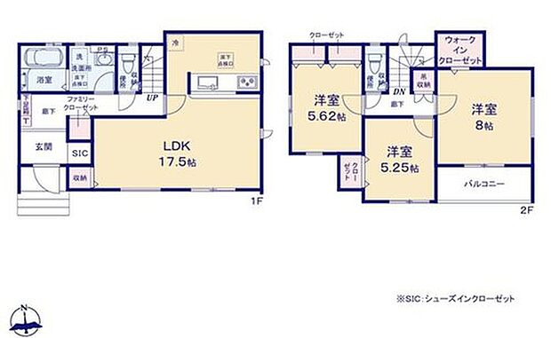 【4LDK】対面式キッチン仕様の開放的な約17.5帖のリビング♪
シューズインクロークやファミリークローク付きで収納豊富♪
大きな荷物も収納可能なウォークインクローゼット♪
日当たり良好な南向きのバルコニー♪