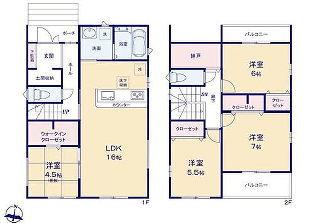【4LDK+S】対面式キッチン仕様の広々とした16帖のリビング♪
ホッと一息着ける4.5帖の和室♪
WIC・SIC・納戸スペース付きで収納豊富☆
多用途に使える日当たり良好な両面バルコニー♪