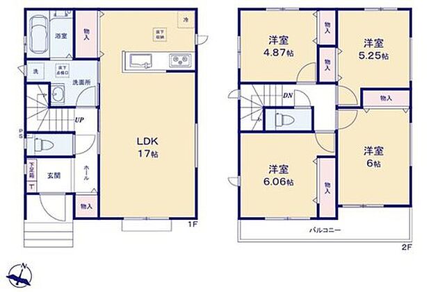 【4LDK】対面式キッチン仕様の約17帖の明るいリビング♪
キッチン横には、パントリーとしても使えて便利な収納スペース♪
各居室に収納スペースが充実♪
2部屋からアクセスできる南向きのワイドバルコニー♪
