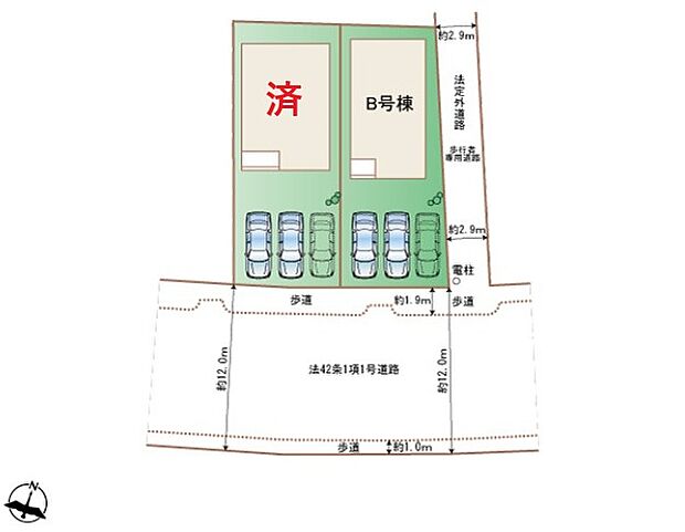 【全体区画図】瀬戸市萩山台５期、全２棟
並列３台駐車可能、お庭付き♪
１号棟　ご成約済み
２号棟　２，７９０万円
