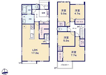対面式キッチン仕様の広々とした１７．３帖のリビング♪
キッチンがスッキリ片付く大容量のパントリー収納付き♪
各居室や廊下に収納スペースが充実♪
日当たり良好な南向きのバルコニー♪ 
