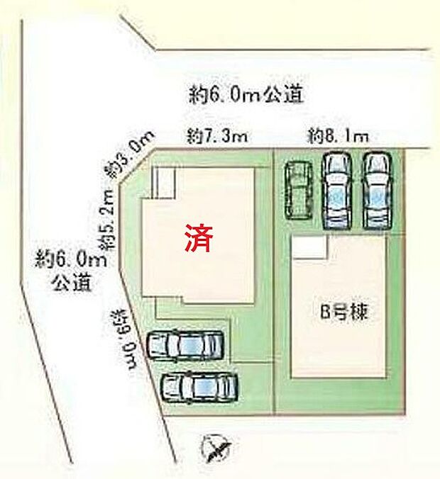 【全体区画図】緑区滝ノ水２期　全２棟
並列３台駐車可能＆南西向きのお庭♪
A号棟　ご成約済み
B号棟　４，３９０万円