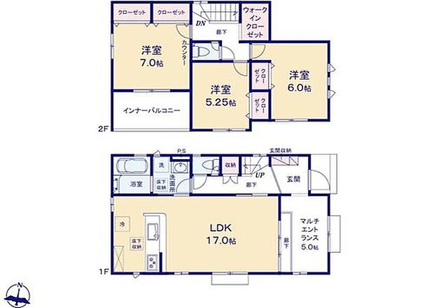 【3LDK】折上天井仕様の広々とした17帖の明るいリビング♪
玄関とリビングに隣接した5帖のマルチエントランス☆
大きな荷物も収納可能なウォークインクローゼット♪
急な雨でも安心な南向きのインナーバルコニー♪