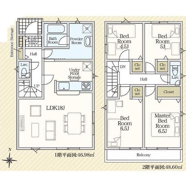 【4LDK】対面式キッチン仕様の広々とした１８帖の明るいリビング♪
２階４部屋あり、お子様一人一人にお部屋を与えられます☆
各居室に収納スペースが充実♪
日当たり良好な南向きのワイドバルコニー♪