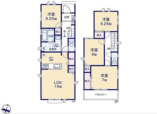 【4LDK】対面式キッチン仕様の16帖リビング♪
リビングに便利な収納付き♪
各居室に収納スペースが充実♪