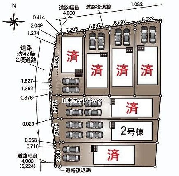 【全体区画図】小牧市二重堀第２　全７棟
１号棟　ご成約済み
２号棟　３，２９０万円
３号棟～７号棟　ご成約済み