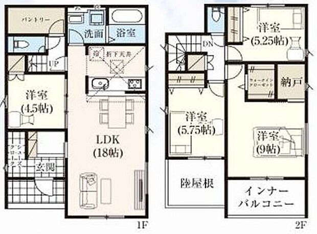 【4LDK】対面式キッチン仕様の広々１８帖の明るいリビング♪
パントリー・納戸・シューズクローク付きで収納豊富♪
大きな荷物も収納可能なウォークインクローゼット付き♪
日当たり良好な南向きのインナーバルコニー♪