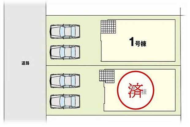 【全体区画図】名古屋市西区花原町１期　全１棟
お車最大４台駐車可（車種による）、お庭付きです♪
１号棟　３，９９９万円