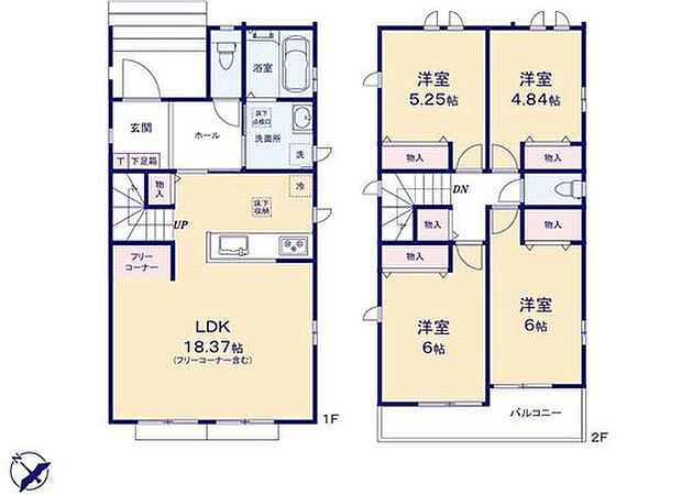 【4LDK】対面式キッチン仕様の広々約18.37帖の明るいリビング♪
リビングや廊下、各居室に収納スペースが充実♪
2階4部屋あり、プライベート空間が充実♪
2部屋から出入りできて便利な南西向きのバルコニー♪