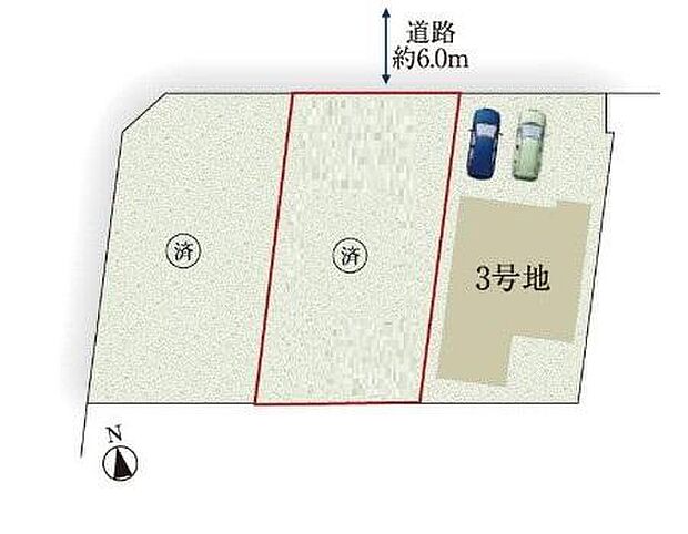【全体区画図】長久手市戸田谷３期　全３棟
並列２台駐車可能♪
１号地　ご成約済み
２号地　ご成約済み
３号地　５，８９０万円
