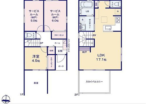 【1LDK+2S】キッチン上部折下天井仕様の明るい１７．１帖リビング♪
２つの納戸を居室として使えば３LDKに進化☆
収納便利な広々クローゼット付き♪
多目的に使える５．６帖の開放的なスカイバルコニー付き♪