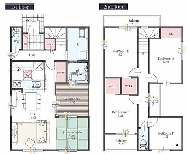 【5LDK】対面式キッチン仕様の広々16.5帖の明るいリビング♪
キッチンがスッキリ片付くパントリー収納付き♪
和室とウッドデッキがつながる、心地よいくつろぎ空間♪
日当たり良好な二面バルコニー♪