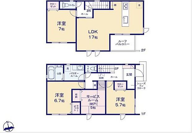【3LDK+S】対面式キッチン仕様の広々１７帖の明るいリビング♪
玄関がスッキリ片付くシューズインクローク付き♪
居室としても使える５帖の和室ストレージルーム♪
日当たり良好な南向きのルーフバルコニー♪