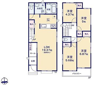 対面式キッチン仕様の広々とした約１９．３７帖のリビング♪
２階４居室あり、お子様一人一人にお部屋を与えられます☆
各居室に収納スペースが充実♪
日当たり良好な南向きのバルコニー♪ 