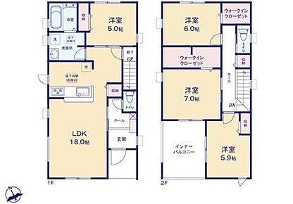 対面式キッチン仕様の広々１８帖の明るいリビング♪
大きな荷物も収納可能な広々ウォークインクローゼット付き♪
リビングや廊下、各居室に収納スペースが充実♪
２部屋からアクセス可能な広々バルコニー♪ 