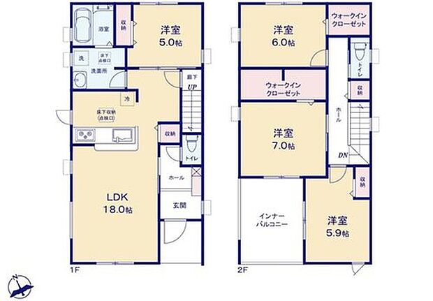 【4LDK】対面式キッチン仕様の広々１８帖の明るいリビング♪
大きな荷物も収納可能な広々ウォークインクローゼット付き♪
リビングや廊下、各居室に収納スペースが充実♪
２部屋からアクセス可能な広々バルコニー♪