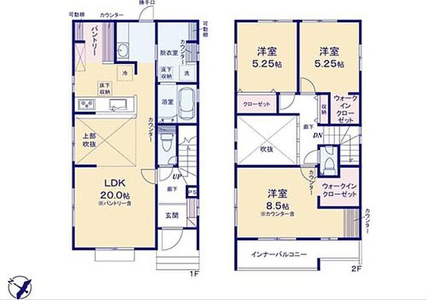 【3LDK】上部吹抜仕様の広々２０帖の明るいリビング♪
キッチンがスッキリ片付く可動棚付きのパントリー♪
大きな荷物も収納可能なウォークインクローゼット♪
雨の日でも安心な南西向きのインナーバルコニー♪