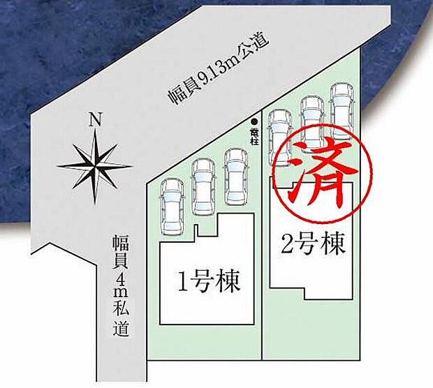 【全体区画図】瀬戸市第２幡野町　全２棟
ご好評につき残り１棟！
並列３台駐車可能、南向きのお庭付き☆
１号棟　３，２９０万円
２号棟　ご成約済み