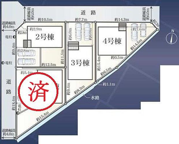 【全体区画図】春日井市上条町第９　全４棟
全棟並列２台駐車可能、お庭付き☆
１号棟　ご成約済み
２号棟　３，３９０万円
３号棟　３，３９０万円
４号棟　３，２９０万円