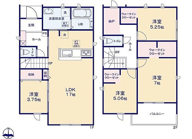 【4LDK+S】対面式キッチン仕様の広々約１７帖リビング♪季節物や防災用品等が収納できる納戸スペース☆大きな荷物も収納可能なウォークインクロゼット付き♪日当たり良好な南向きのバルコニー♪