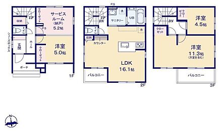 対面式キッチン仕様の広々１６．１帖の明るいリビング♪５．２帖の納戸を居室として使えば、ゆとりある４ＬＤＫに進化♪リビングや廊下、各居室に収納スペースが充実♪日当たり良好な２つの南向きバルコニー♪ 