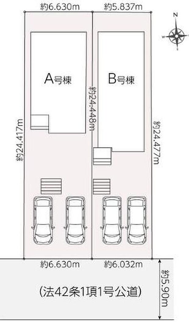 【全体区画図】春日井市石尾台6丁目 全2棟
最大2台駐車可能、南庭付き☆
A号棟 2,790万円
B号棟 2,690万円