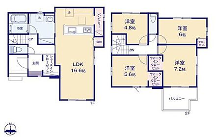 対面式キッチン仕様の広々とした１６．６帖の明るいリビング♪
シューズインクロークやパントリー付きで収納豊富♪
大きな荷物も収納可能なウォークインクローゼット付き♪
日当たり良好な南向きのバルコニー♪ 