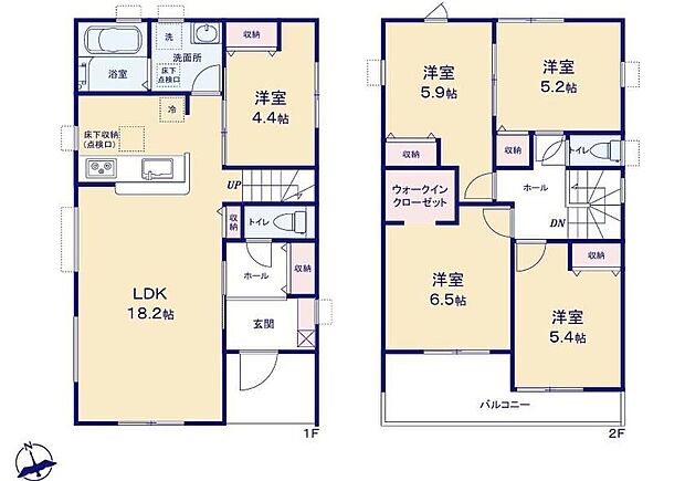【5LDK】対面式キッチン仕様の広々18.2帖の明るいリビング♪大きな荷物も収納可能なウォークインクローゼット♪リビングや廊下、各居室に収納スペースが充実♪日当たり良好な南向きのワイドバルコニー♪