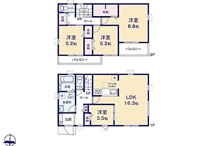 対面式キッチン仕様の明るい１６．３帖のリビング♪各居室や廊下に収納スペースが充実♪全４部屋あり、プライベート空間が充実♪日当たり良好な２つの南向きバルコニー♪ 