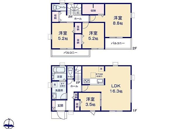 【4LDK】対面式キッチン仕様の明るい16.3帖のリビング♪各居室や廊下に収納スペースが充実♪全4部屋あり、プライベート空間が充実♪日当たり良好な2つの南向きバルコニー♪