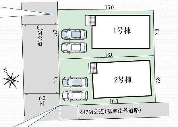 【全体区画図】瀬戸市八幡台4期 全2棟
並列2台駐車可能♪
1号棟 2,999.5万円
2号棟 3,099.5万円