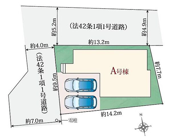 【全体区画図】小牧市本庄　限定１棟
並列２台駐車可能、お庭付き♪
A号棟　２，８９０万円