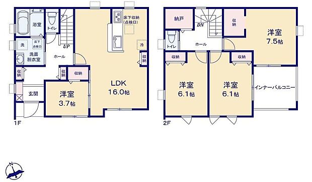 【4LDK+S】対面式キッチン仕様の開放的な16帖の明るいリビング♪
大きな荷物も収納可能なストレージルーム付き♪
リビングや廊下、各居室に収納スペースが充実♪
日当たり良好な南向きの広々バルコニー♪