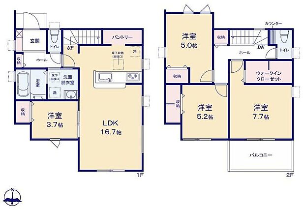 【4LDK】対面式キッチン仕様の開放感のある１６．７帖の明るいリビング♪キッチンがスッキリ片付くパントリー付き♪大きな荷物も収納可能なウォークインクローゼット付き♪日当たり良好な南向きの広々バルコニー♪