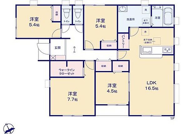 【4LDK】対面式キッチン仕様の広々とした１６．５帖のリビング♪
キッチンがスッキリ片付くパントリー付き♪
大きな荷物も収納可能なウォークインクロゼット付き♪
廊下や各居室に収納スペースが充実♪