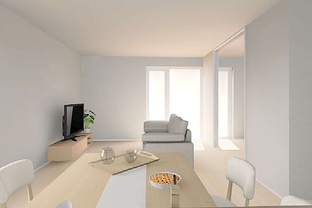 【【内観イメージパース・リビング】】隣接した4.5帖の洋室が多用途に活躍するリビング