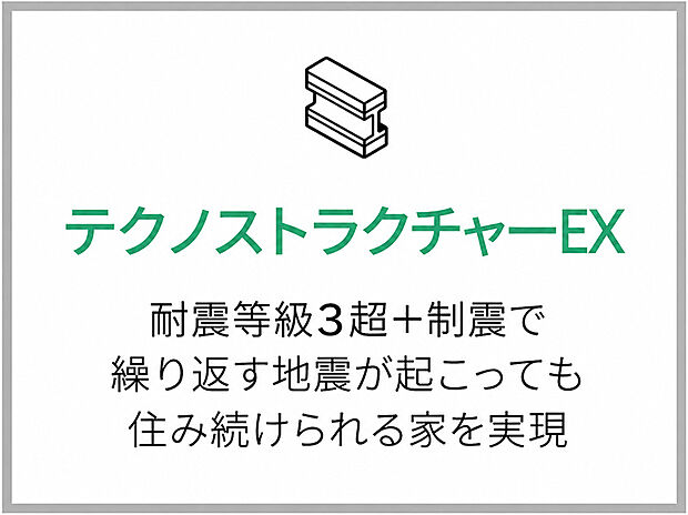 地震に強いテクノストラクチャー工法をベースに、建物の構造を固めて強くする「剛」というアプローチと、地震エネルギーを吸収する「柔」というアプローチを加えたのがテクノストラクチャーEXです。