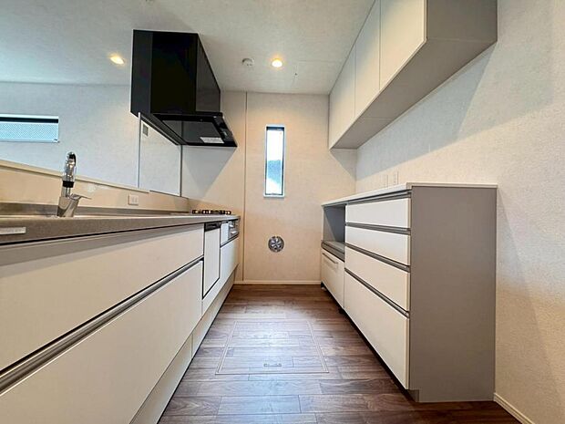 機能充実のシステムキッチンです。浄水器一体型水栓に3口グリルコンロ、食洗器と充実しておりママの家事をサポート致します。