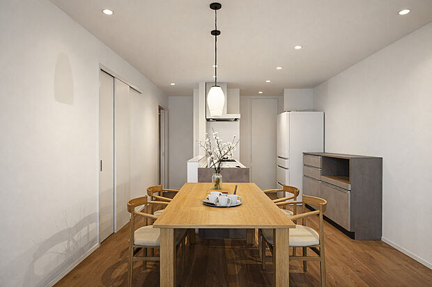 【横並びのキッチンダイニング】キッチンでの作業中も家族とコミュニケーションが取りやすい間取り※完成イメージ画像