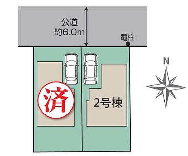 ≪区画図≫
駐車スペース確保しました！
日当たりの良い南向きのお庭は、ガーデニングや家庭菜園も楽しめそうですね♪