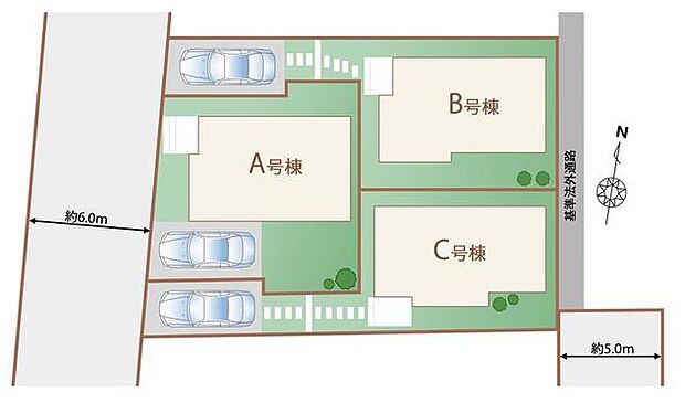 カースペースもご用意！
前道道路が6ｍと広いので、車庫入れが苦手な方でも安心して入れられます。